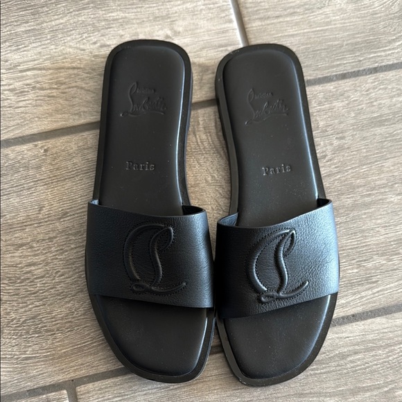 Christian Louboutin Black Embossed Slide Sandals - Picture 1 of 8
